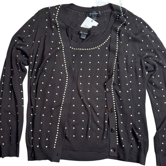 St. John Large Studded Sweater Set Cardigan & Vest Mahogany Brown NWT MSRP $1090 - Picture 3 of 11